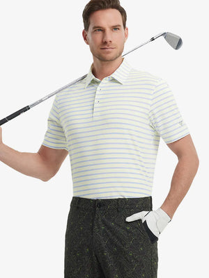 Model wearing Yellow Bluish Violet Stripe Performance Stripe Golf Shirt – front half-body pose