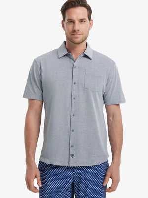 Model half-body front view wearing DARK BLUE HEATHER Cotton Blend Plain Shirt.