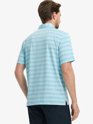 Back half-body view of model wearing ICED AQUA STRIPE Stylish Performance Golf Polo