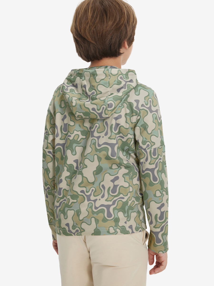 Back upper body view of model wearing youth full print stylish hoodies pullover, beryl green camo.