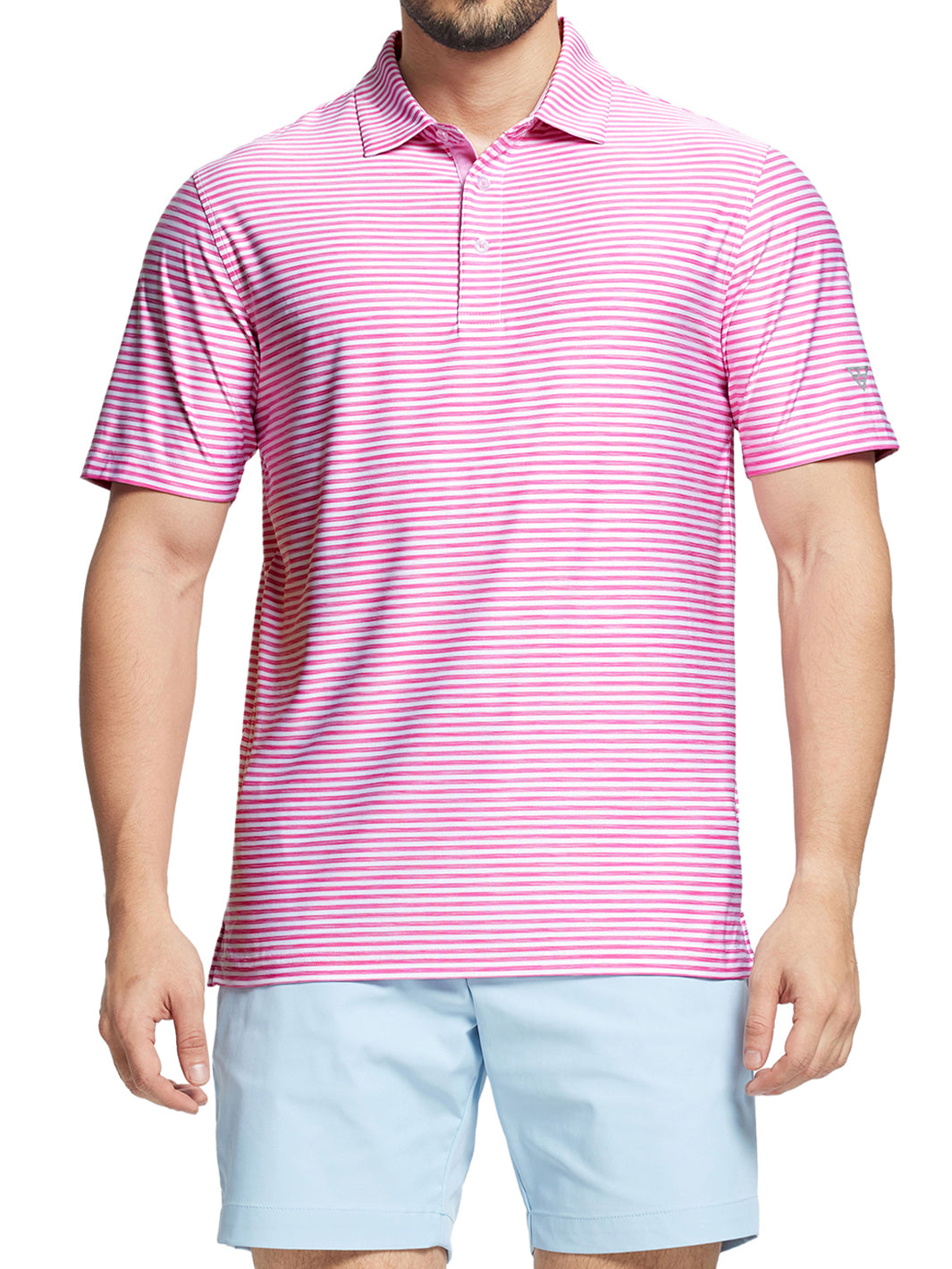 Men's Striped Golf Polo Shirts-Rose White