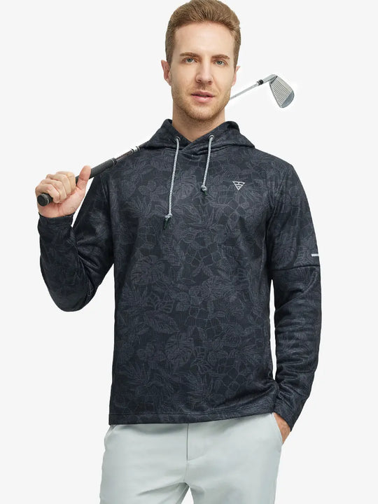 Front half-body shot of model in Black Grey Leaf Trendy Print Hoodies Pullover with hands visible