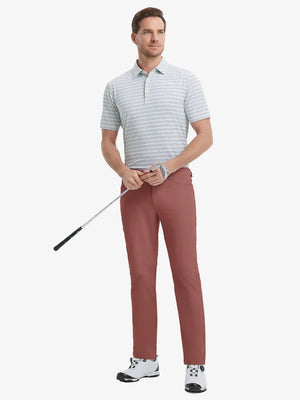 Full-body front shot with golf club, styled in Stretch Plain Everyday Pants – CRANBERRY