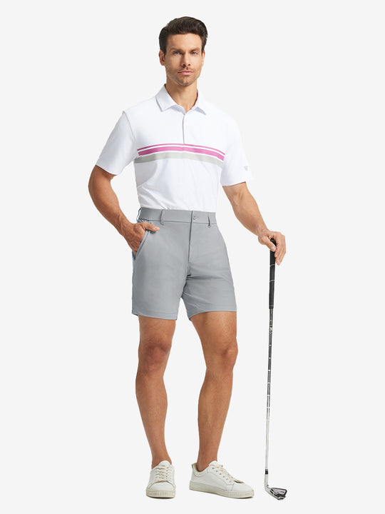 Full-body shot of model holding golf club, styled with Light Grey Quick Dry Casual Shorts.
