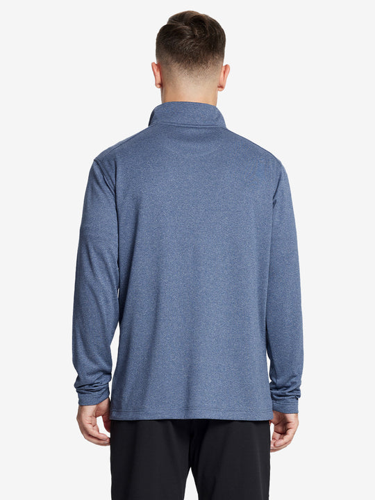 Back half-body view, model showcasing fit of NAVY MELANGE Moisture Wicking Quarter Zip Pullover.