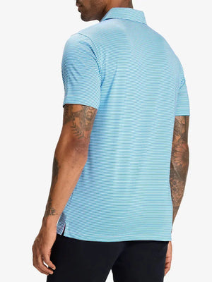 Rear half-body shot of Cooling Stripe Golf Shirt in SKY BLUE STRIPE, showcasing stripe alignment and fit