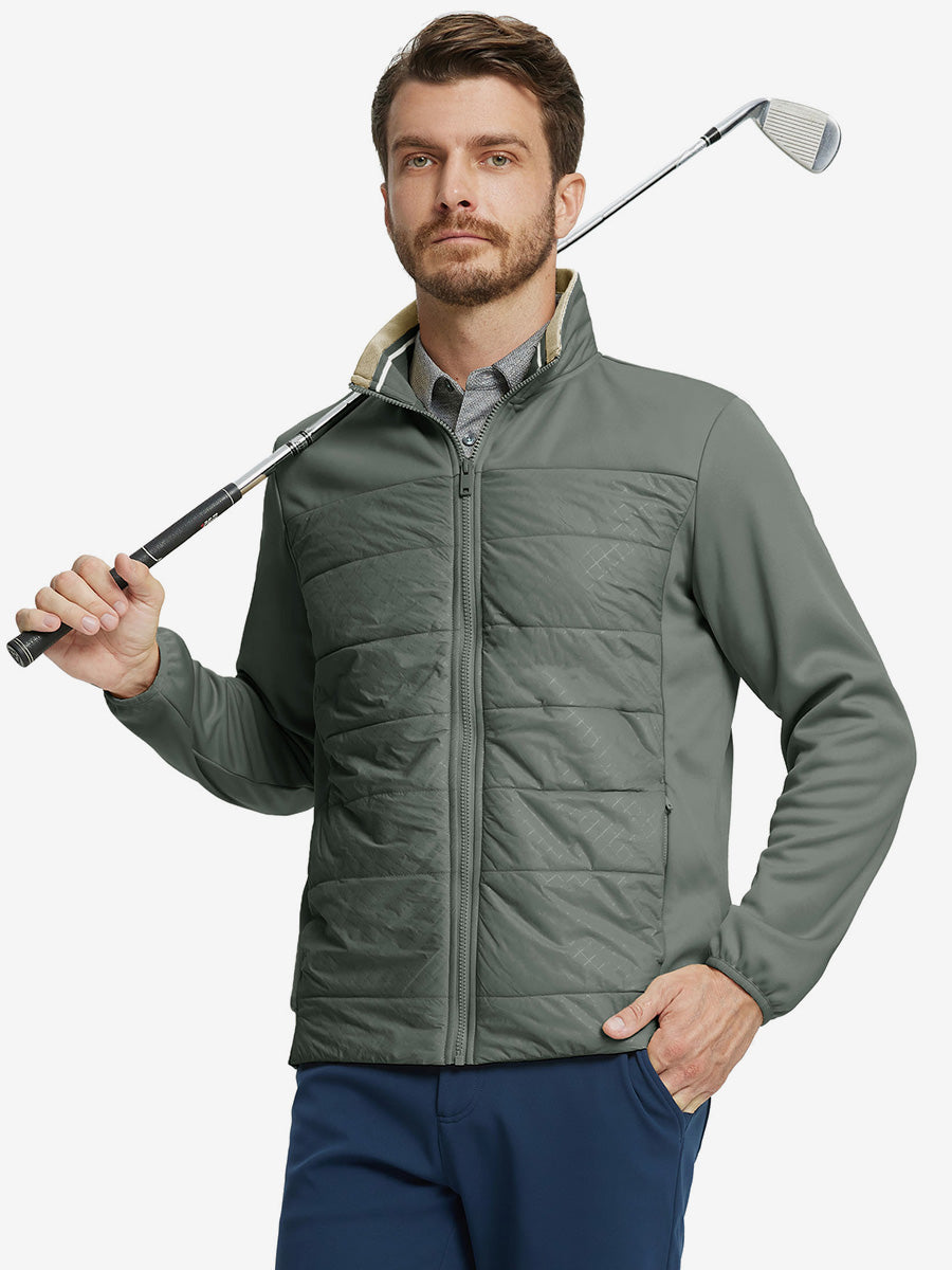 Model holding golf club, dressed in Golf Fleece Thermal Winter Jacket in Agave Green, sporty design.