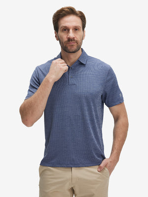 Front waist-up shot of model wearing light dark blue grid ultra-light quick dry moisture wicking collared polo shirt