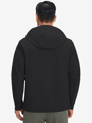 Back upper-body view of water-resistant heat-tech softshell winter jacket with hood in black.