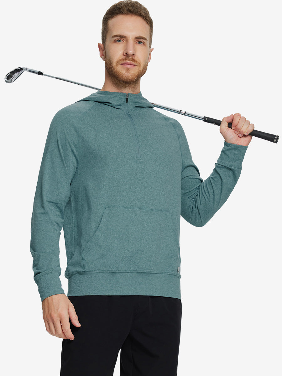Male model holding a golf club, wearing the Quarter Zip Hoodie with Kangaroo Pocket in Aqua Heather.