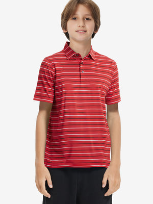 Front upper body of model wearing kids stylish stripe polo shirts, playful stripes with red stripe detail