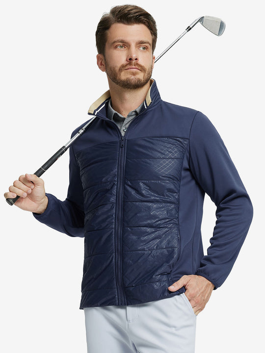 Model holding golf club, dressed in Golf Fleece Thermal Winter Jacket in Navy, sporty design.