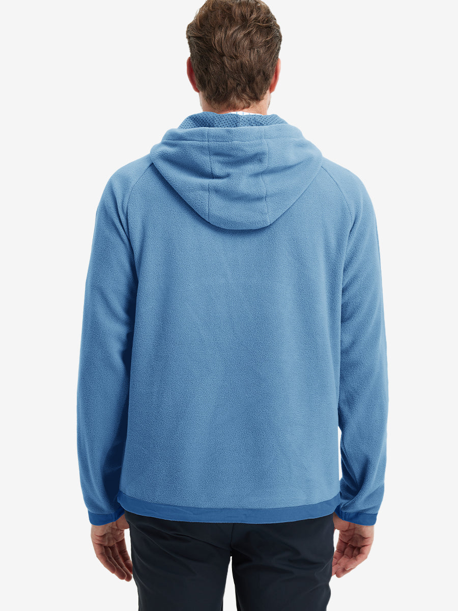 Back angle of the Polar Fleece Sweatshirt in Misty Blue, model turns head slightly for casual style.
