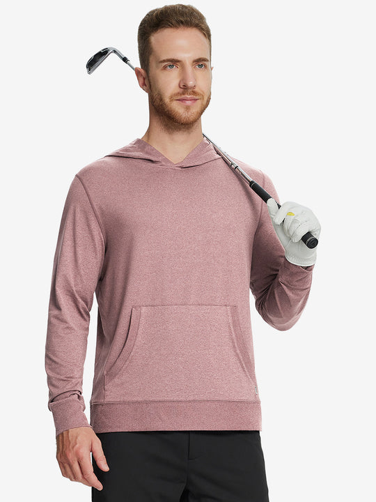 Model holding a golf club, dressed in the Pink Heather Athletic Golf Hoodie with a sleek fit.