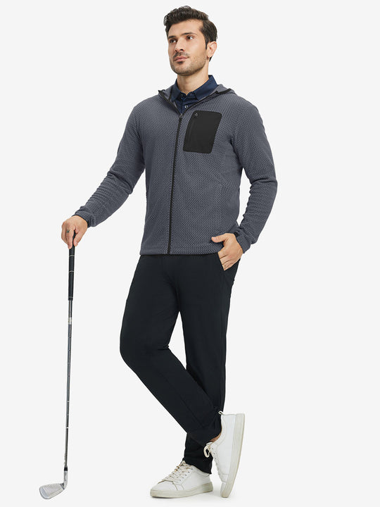 Model holding golf club, dressed in full zip fleece hoodied jacket in grey, sporty and casual.