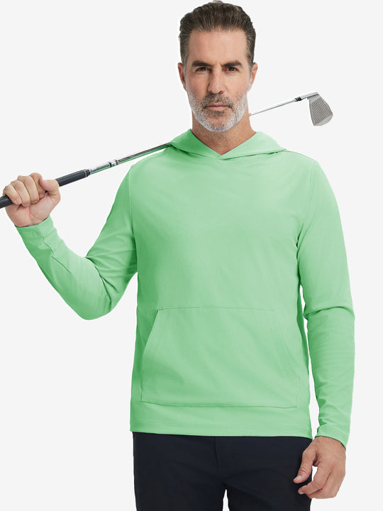 Model holding golf club, wearing dry fit stretchy sweatshirts hoodie in light green, sporty and casual.