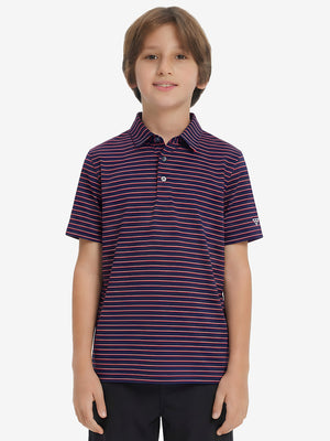 Front upper body of model wearing youth performance golf polos, clean fit and sporty navy/red stripe look