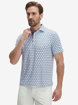 Front waist-up shot of model wearing white navy dolphin performance quick dry print golf polos