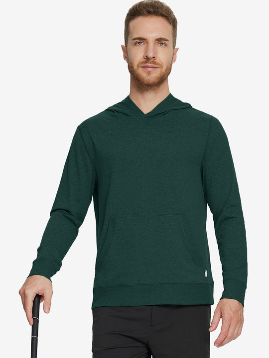 Model holding a golf club, dressed in the Brick Heather Athletic Golf Hoodie with a sleek fit.