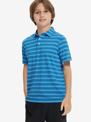 Front upper body of model wearing trendy boys stripe polo shirts, casual fit in classic blue stripe