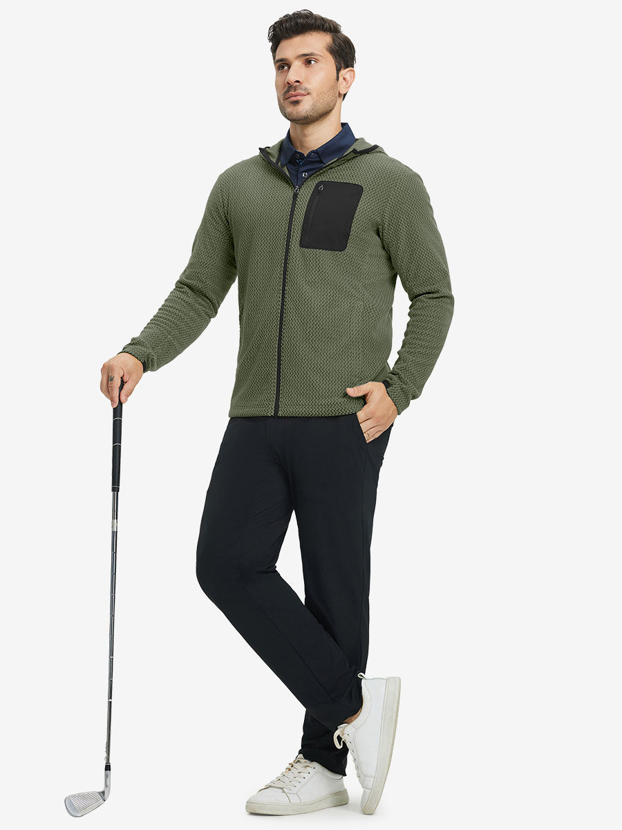 Model holding golf club, dressed in full zip fleece hoodied jacket in green, sporty and casual.