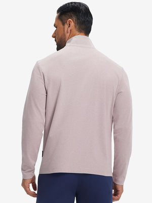 Back view showing fit of two tone pique cotton blend q-zip in khaki