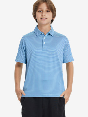 Front upper view of Kids stripe golf polos showing crisp stripes in aqua stripe