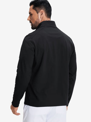 Back upper body view of Fleece lined golf quarter zip with smooth black finish