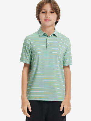 Front upper body of model wearing trendy boys stripe polo shirts, casual fit in light green stripe
