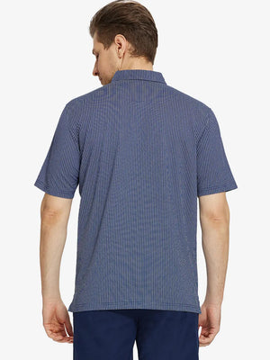 Back half-body view of model wearing NAVY Elegant Performance Jacquard Polo