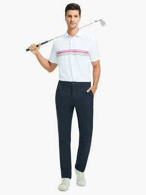 Full front view of model in Water Repellent 8 Pockets Pants NAVY，ready for golf with club in hand.