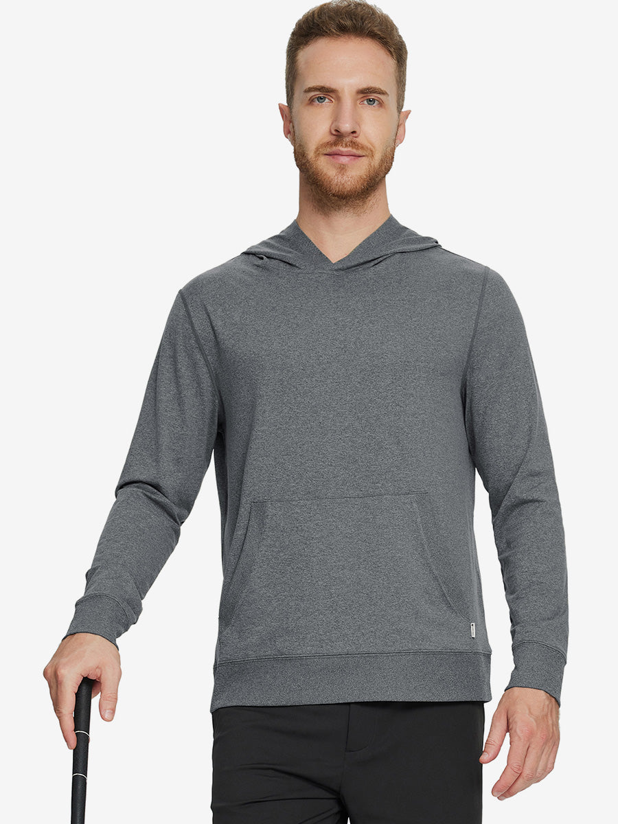Model holding a golf club, dressed in the Black Grey Heather Athletic Golf Hoodie with a sleek fit.