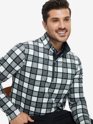 Model front upper body wearing Full print lightweight quarter zip pullover in sleek retro grey plaid