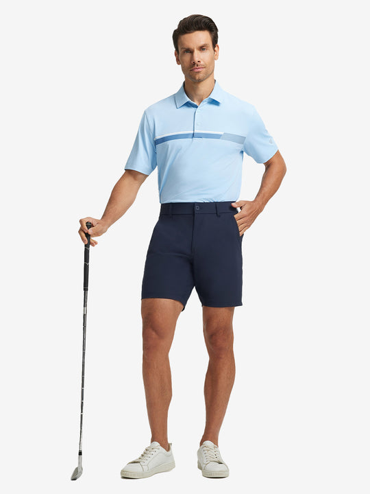 Full-body shot of model holding golf club, styled with Navy Quick Dry Casual Shorts.