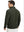 Back upper view of model in midweight warm stretchy quarter zip pullover, highlighting shoulder fit in forest green.
