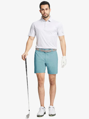 Full body front view of model wearing BLUE LIGHT Heather Performance Golf Shorts, holding a golf club