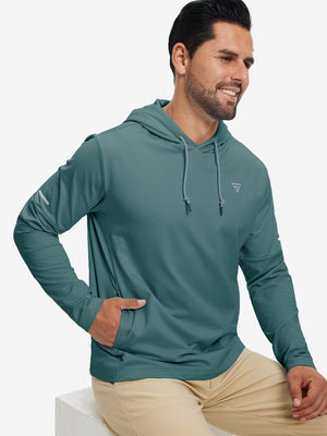 Model sitting with one hand in pocket wearing casual solid fleece hoodies pullover in ocean green.