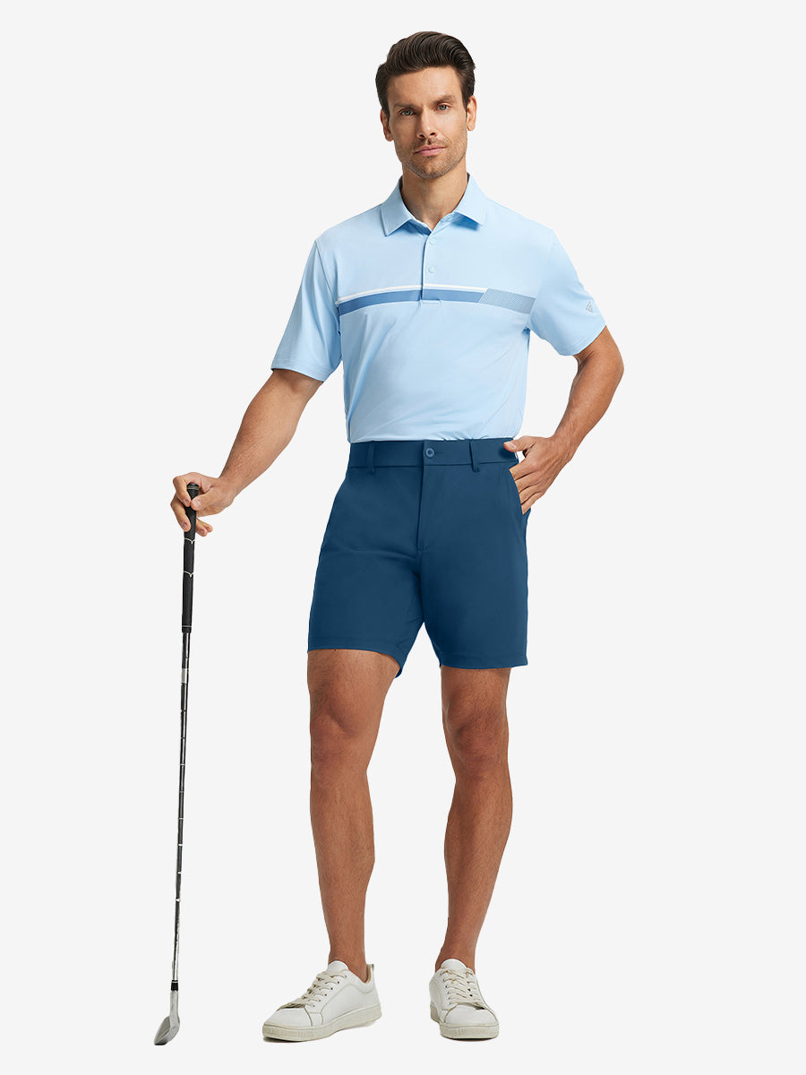 Full-body shot of model holding golf club, styled with Blue Indigo Quick Dry Casual Shorts.