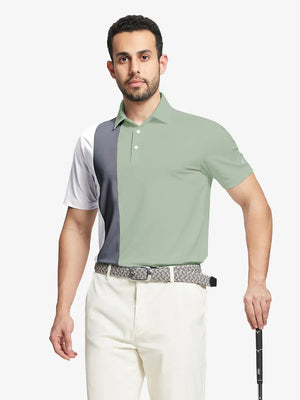 Half-body front view of model holding golf club wearing CANARY GREEN Moisture Wicking Color Block Polo Shirt.