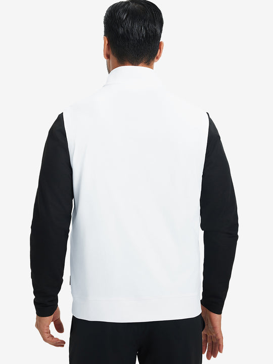 Back upper body view of the white print collar quarter zip golf vest, clean cut and relaxed posture.