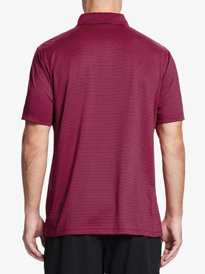 Upper back view of RED STRIPE shirt: athletic fit meets eye-catching red stripe layout