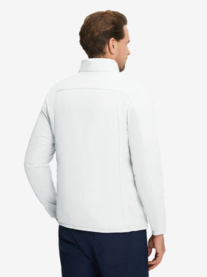Back upper body shot of model wearing white warm puffer winter golf jacket