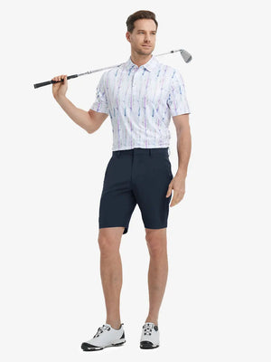 Full-body front shot of model holding golf club, wearing Player Fit Versatile Solid Shorts 9 Inch – NAVY