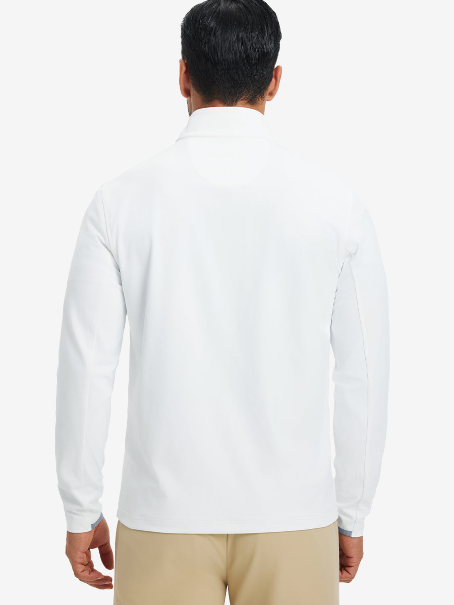 Back upper body view of the white navy stripe lightweight golf pullover, model turns head slightly with ease.