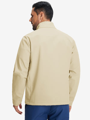 Back view of winter thermal outdoor water resistant fleece jacket showing smooth fleece texture in light khaki