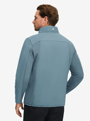 Back upper body shot of model wearing slate blue warm puffer winter golf jacket