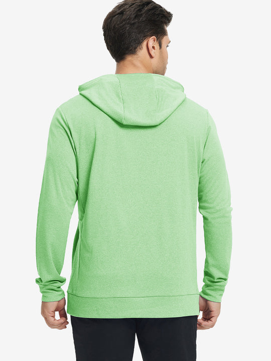 Back upper body view of the light green melange classic heather hoodie, model turns head slightly with ease.