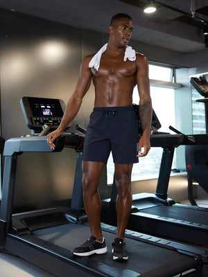 Full-body gym view of model in NAVY 2 in 1 Running Sports Shorts with Liner