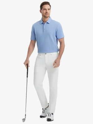 Full-body front shot with golf club, styled in Stretch Plain Everyday Pants – WHITE