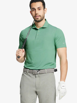 Model wearing Emerald Stripe Pinstripe Jersey Performance Polo – front half-body holding golf club